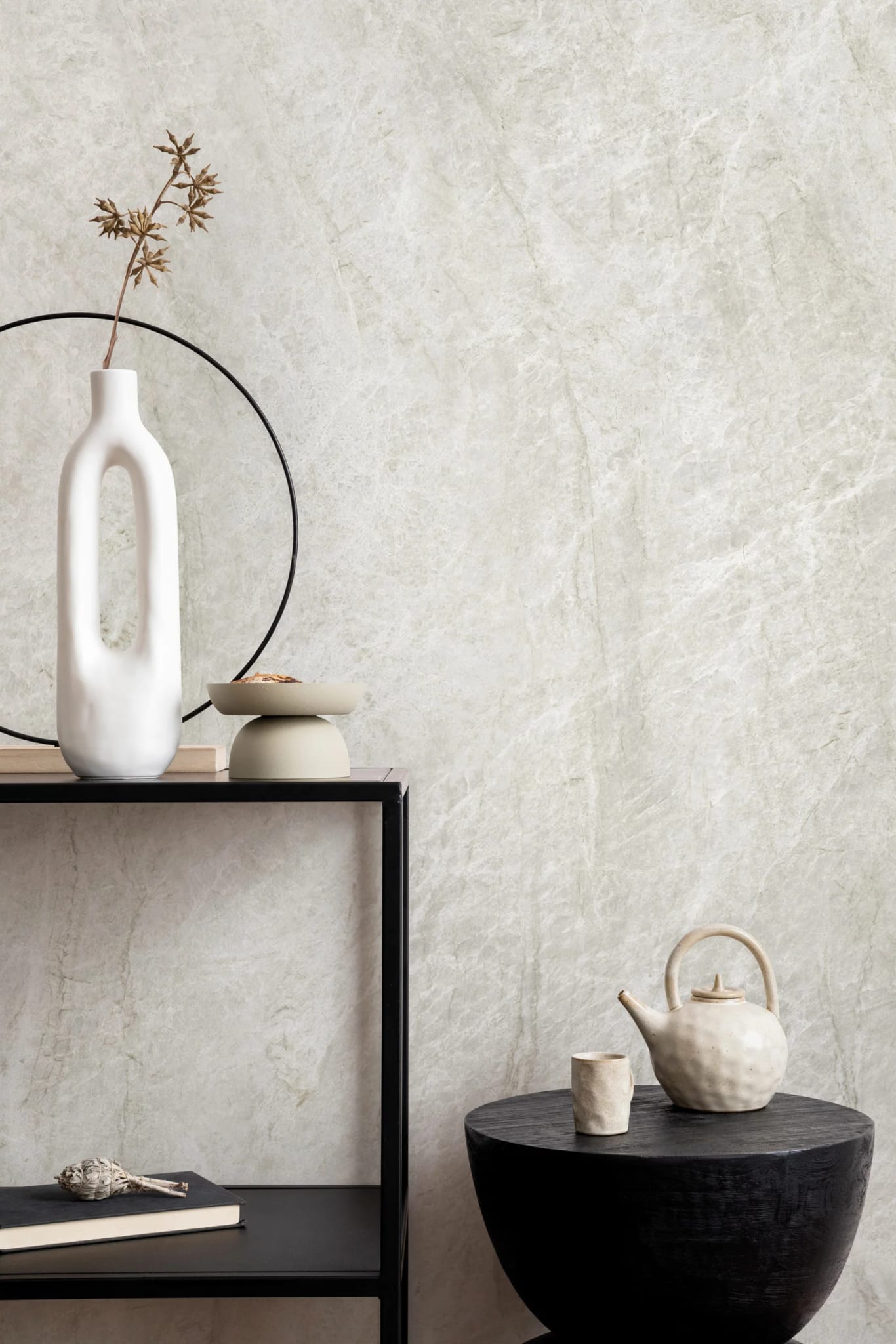 Micro-ambiente con porcelanato Taj Mahal Linen — catálogo A.MODO