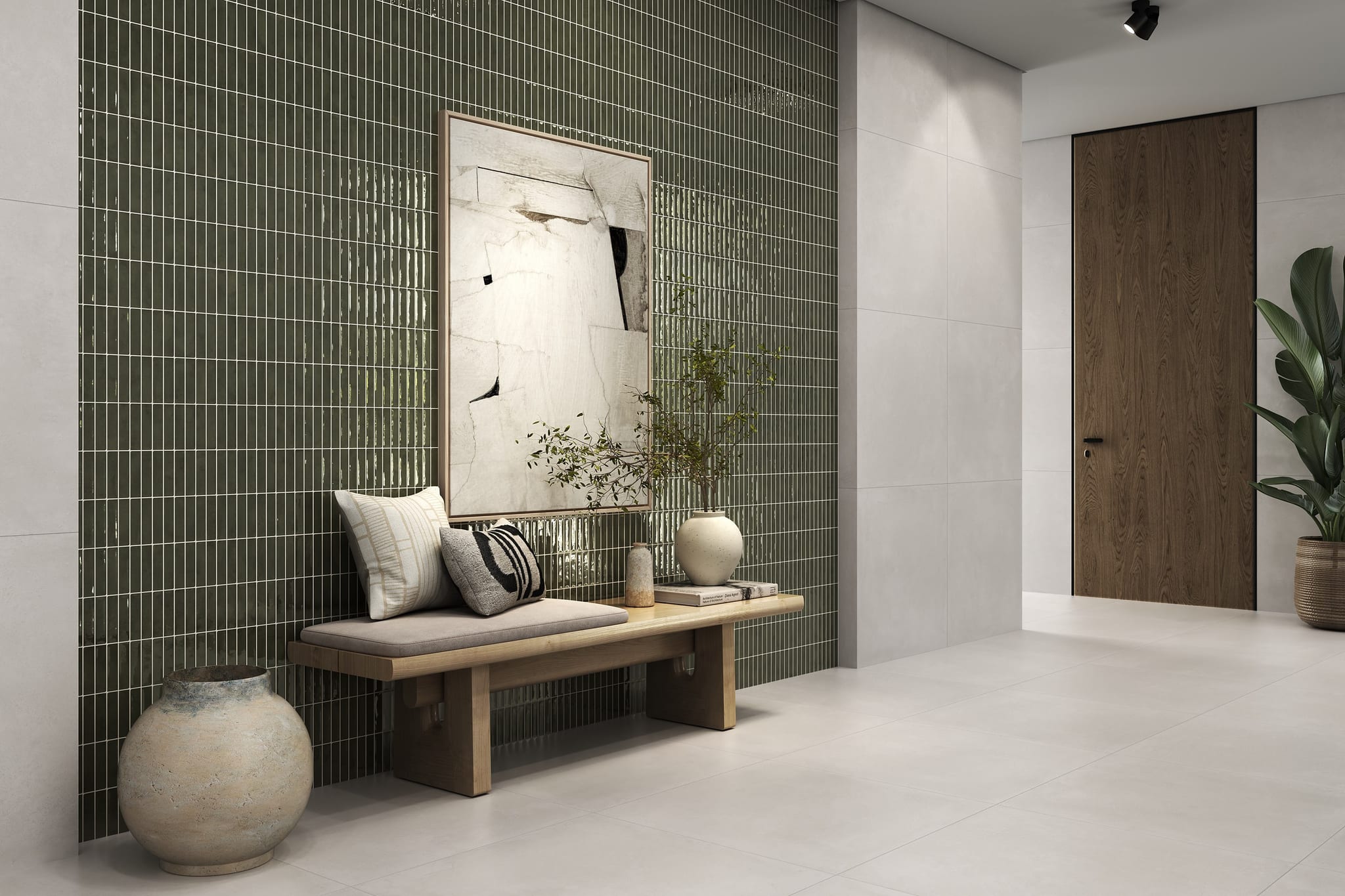 Micro-ambiente Iberia Verde con azulejos verdes, banco de madera y detalles naturales — showroom A.MODO
