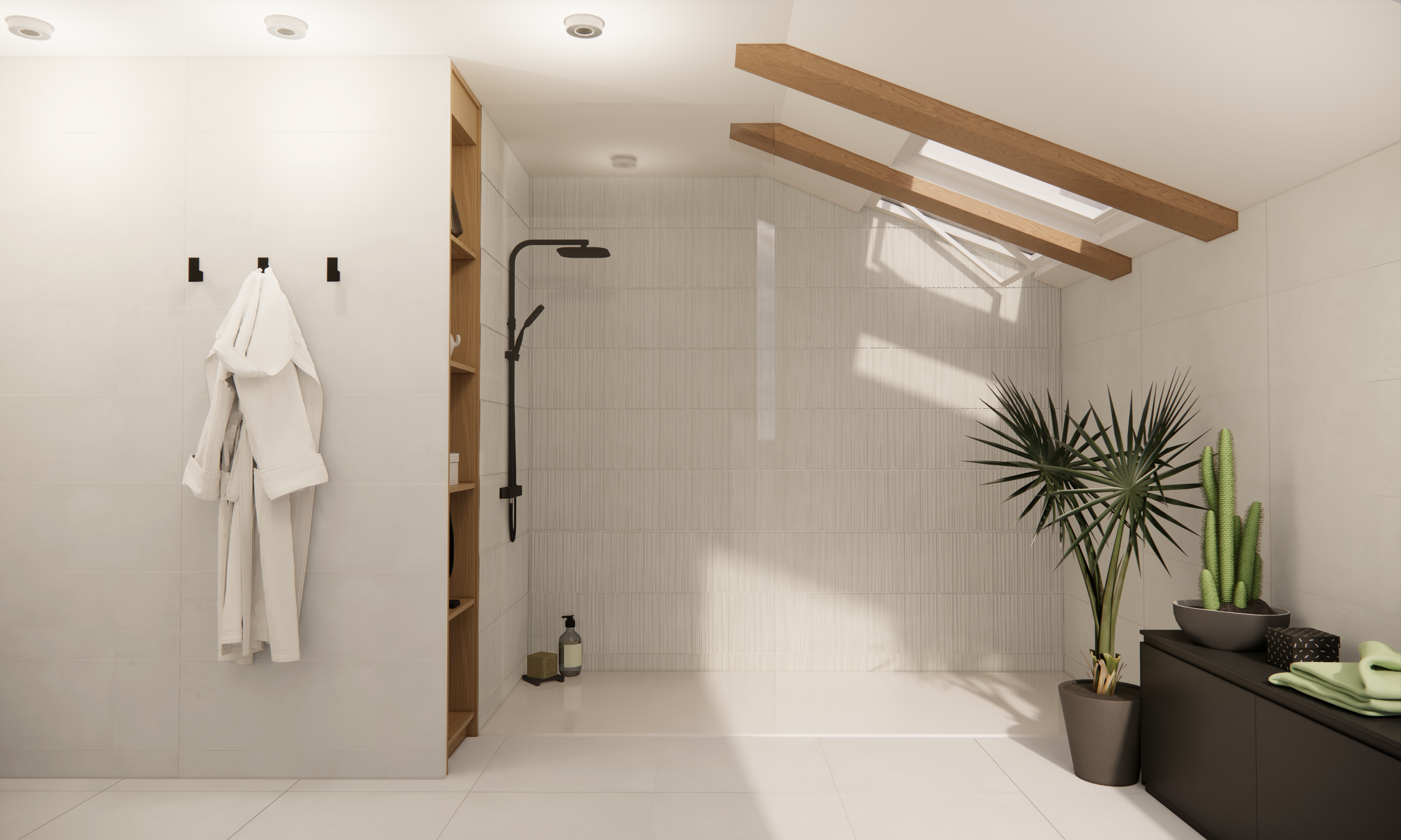 Terraza exterior con piscina y porcelanato Bercy Sand en tono arena — showroom A.MODO