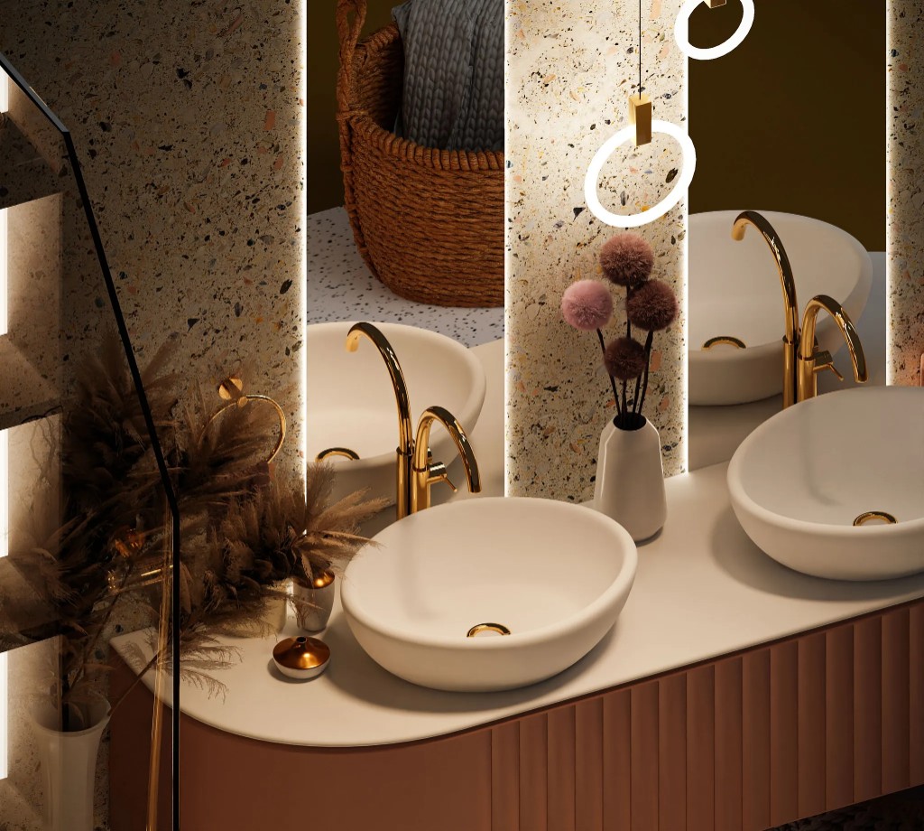 Ambiente de baño A.MODO con lavamanos, grifería y revestimientos seleccionados